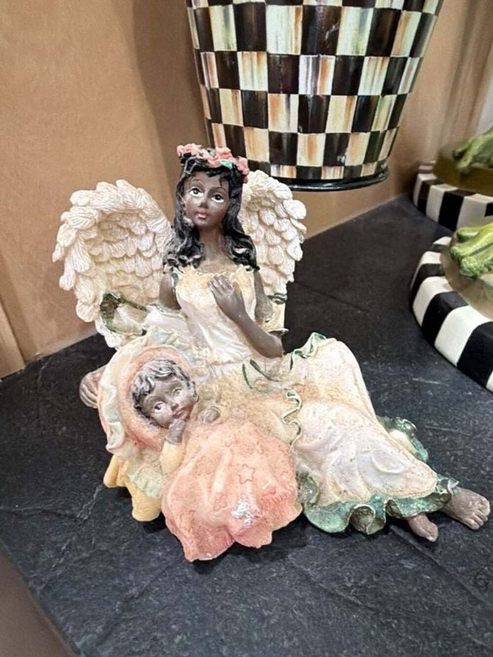 African American Angel with Child Figurine Resin Statue 5”